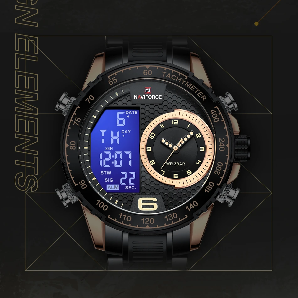 NAVIFORCE NF9199S Fashion Dual Display Stainless Steel Chain Analog Quartz Digital Watch for Men