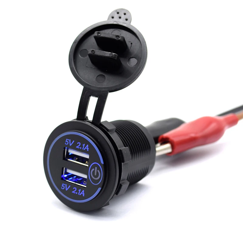 Factory Price Dc 12v Blue Led Touch Switch 5v 2.1a USB Car Charger Power Socket 12v USB Car Charger Socket Dual