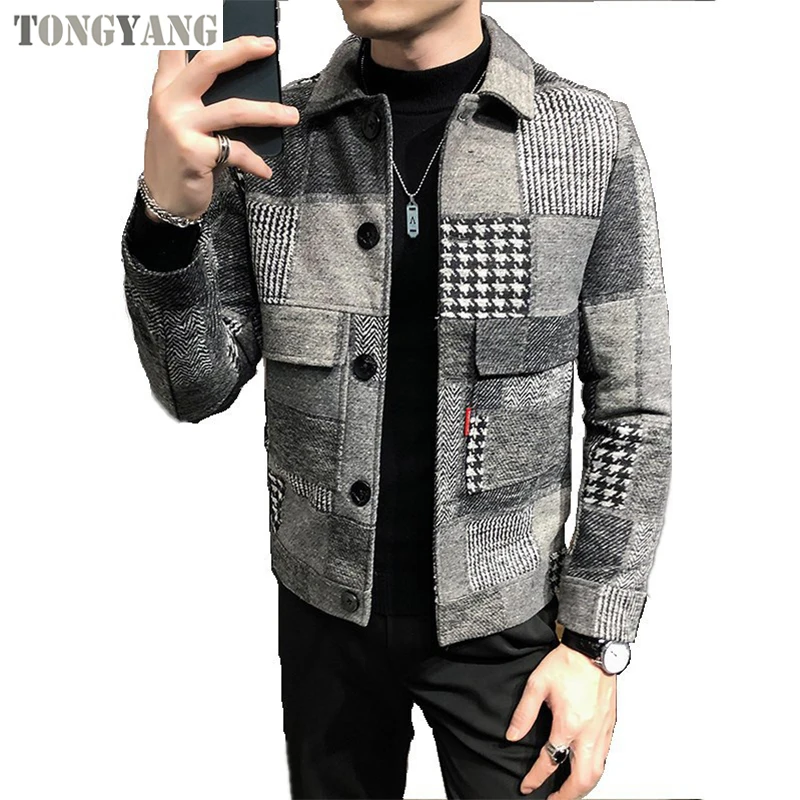 TONGYANG Autumn and Winter New Plaid Woolen Jacket Korean Style Fashion Slim Fit Casual Jacket For Men Lapel Jacket Woolen Coat