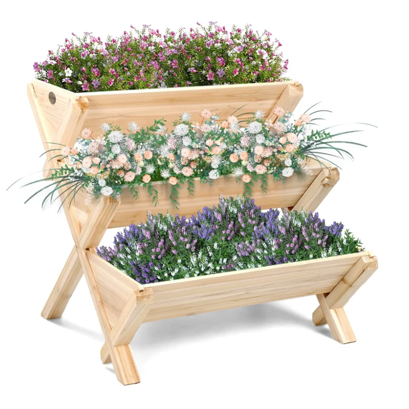 Backyard Outdoor 3 Tier Vertical Garden Tower Wood Plant Stand Raised Garden Bed With Legs