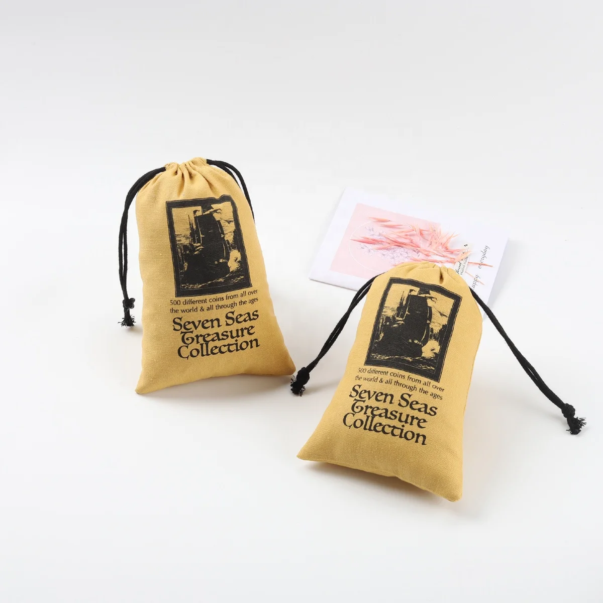 Черная сумка для упаковки подарков из хлопка и льна на шнурке с логотипом на заказ, маленькая Пылезащитная сумка из органического хлопка и муслина для ювелирных изделий