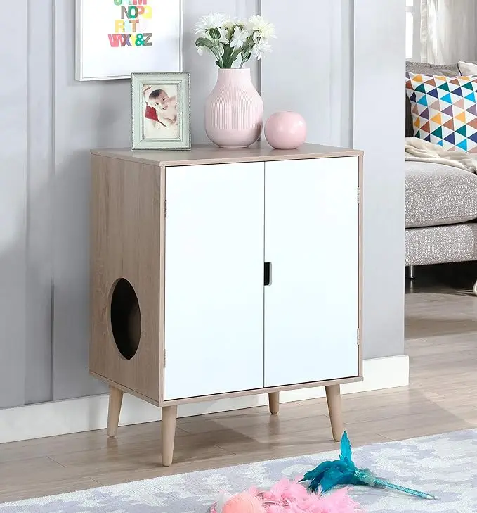 Elegant Cat Walk Litter Cabinet: Grey Wood Grain, Double French Doors, Modern Design
