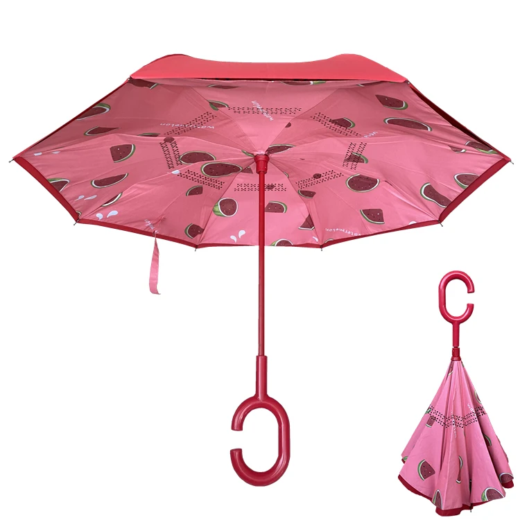 YS-8900 Upside Down Reverse Children Umbrella Double Layer C-Shaped Handle Custom Printing Invented Umbrella For Kids