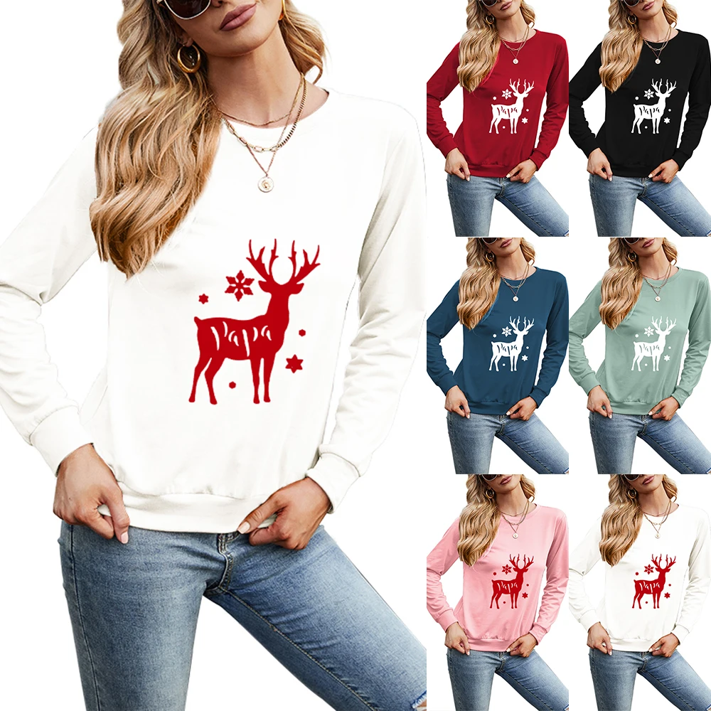 Multicolor Plus Size O-Neck Long Sleeve Christmas Elk Print T-Shirt Christmas Costume