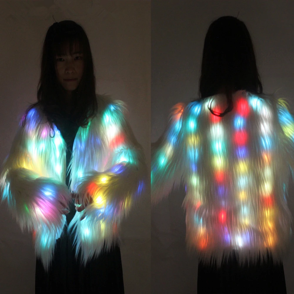 LED Light Shining Faux Fur Coat Performance Wear for Adults Dance Cosplay Jacket with Decorative Overcoat for Christmas Party