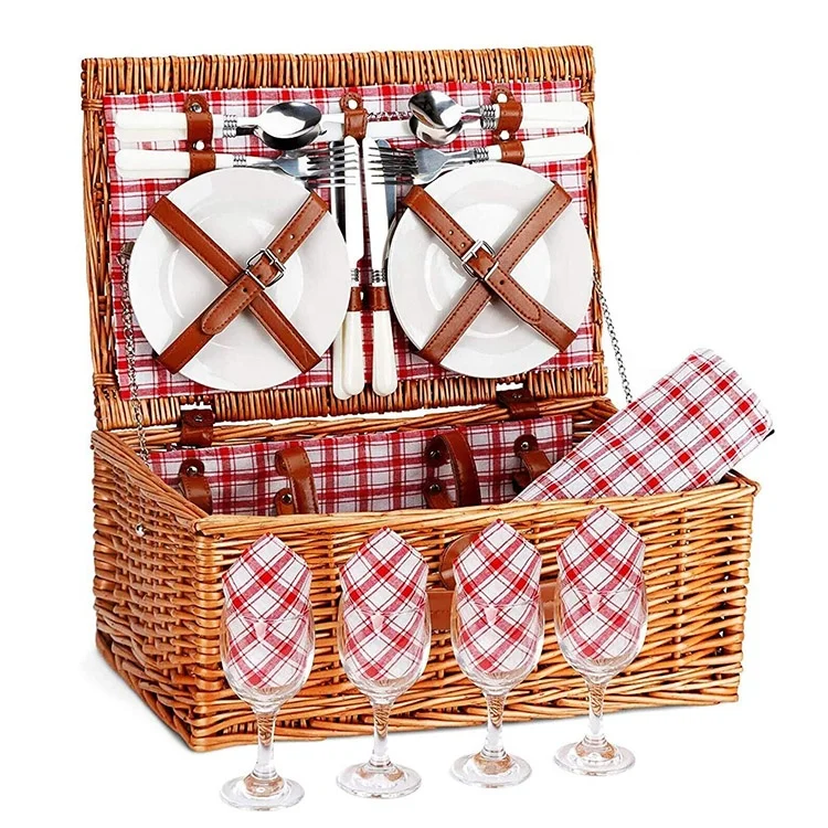 Luxury Deluxe Picnic Basket  Willow Handmade Service for 4 Person at Outdoor Party Camping Park