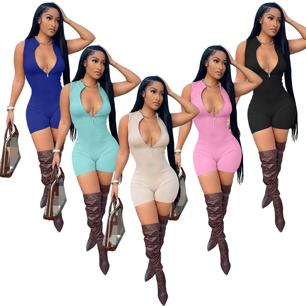 2024 Custom Logo Summer short V-neck sexy jumpsuits for women casual  Solid color jumpsuit