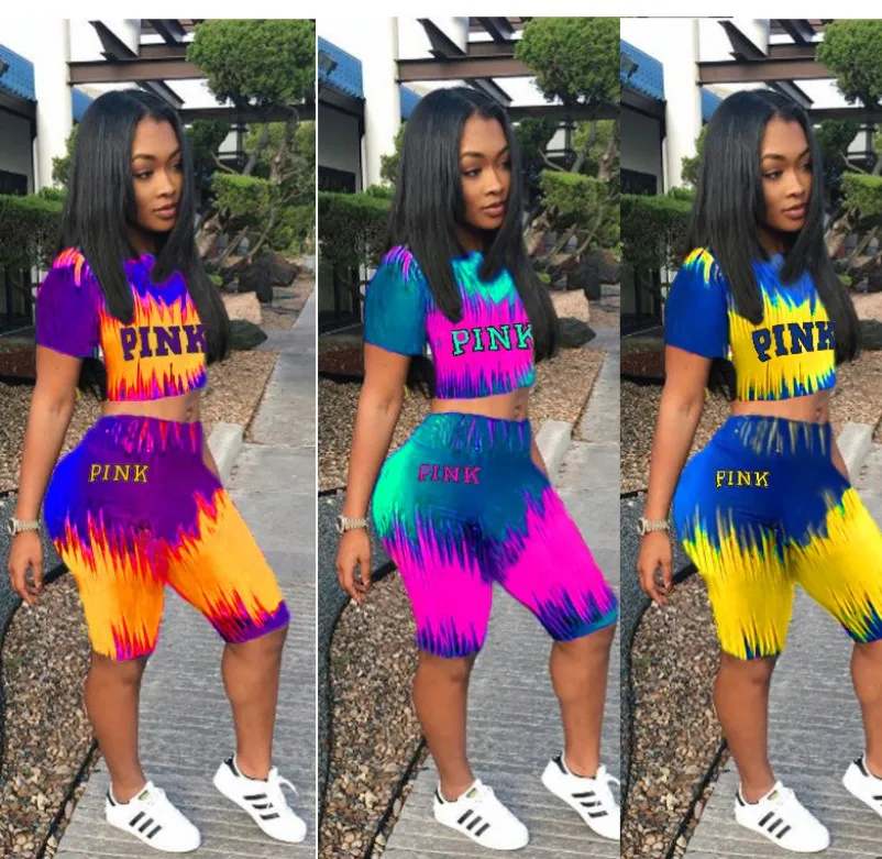 SD2654-new 2022 summer tshirt top with shorts tie die Pink letter printed 2 piece short set