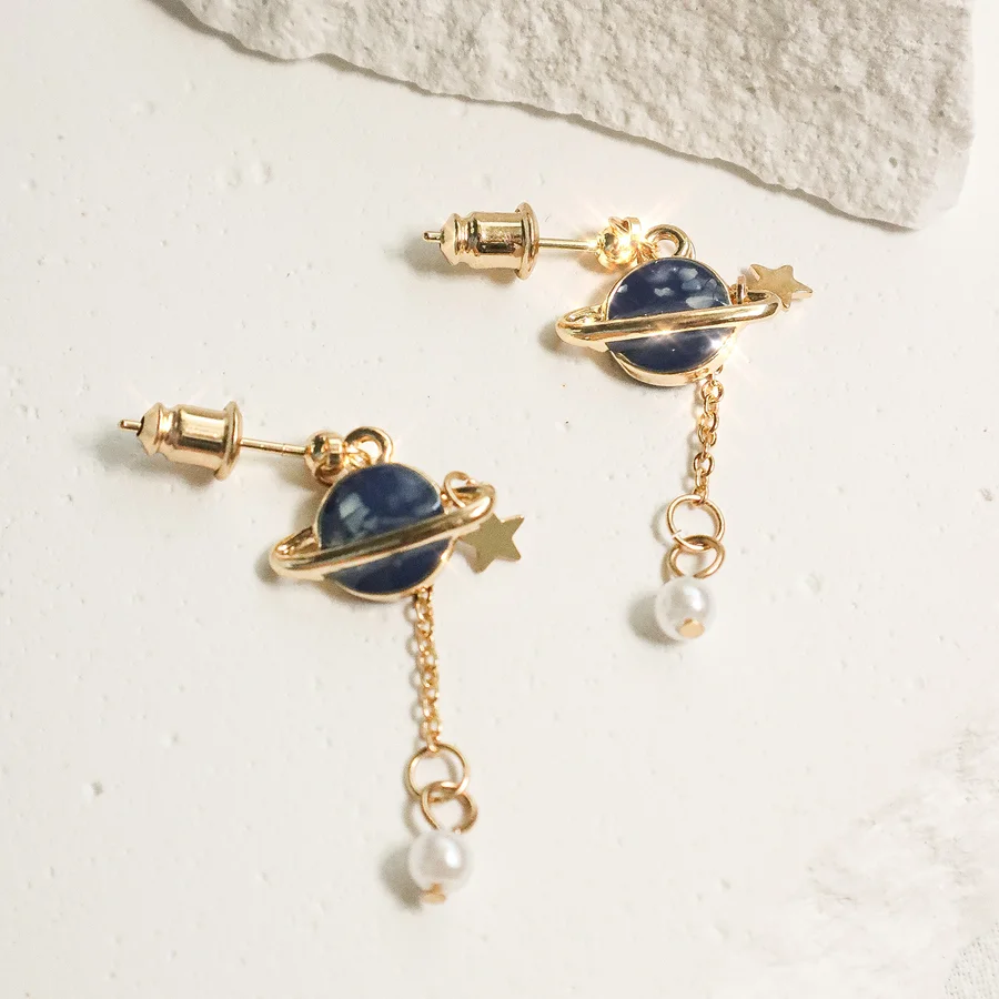 New Slovehoony 18k Gold Designer Purple Saturn Enamel Star Zircon Pearl Earrings Jewelry Drop Dangle Earings For Girls