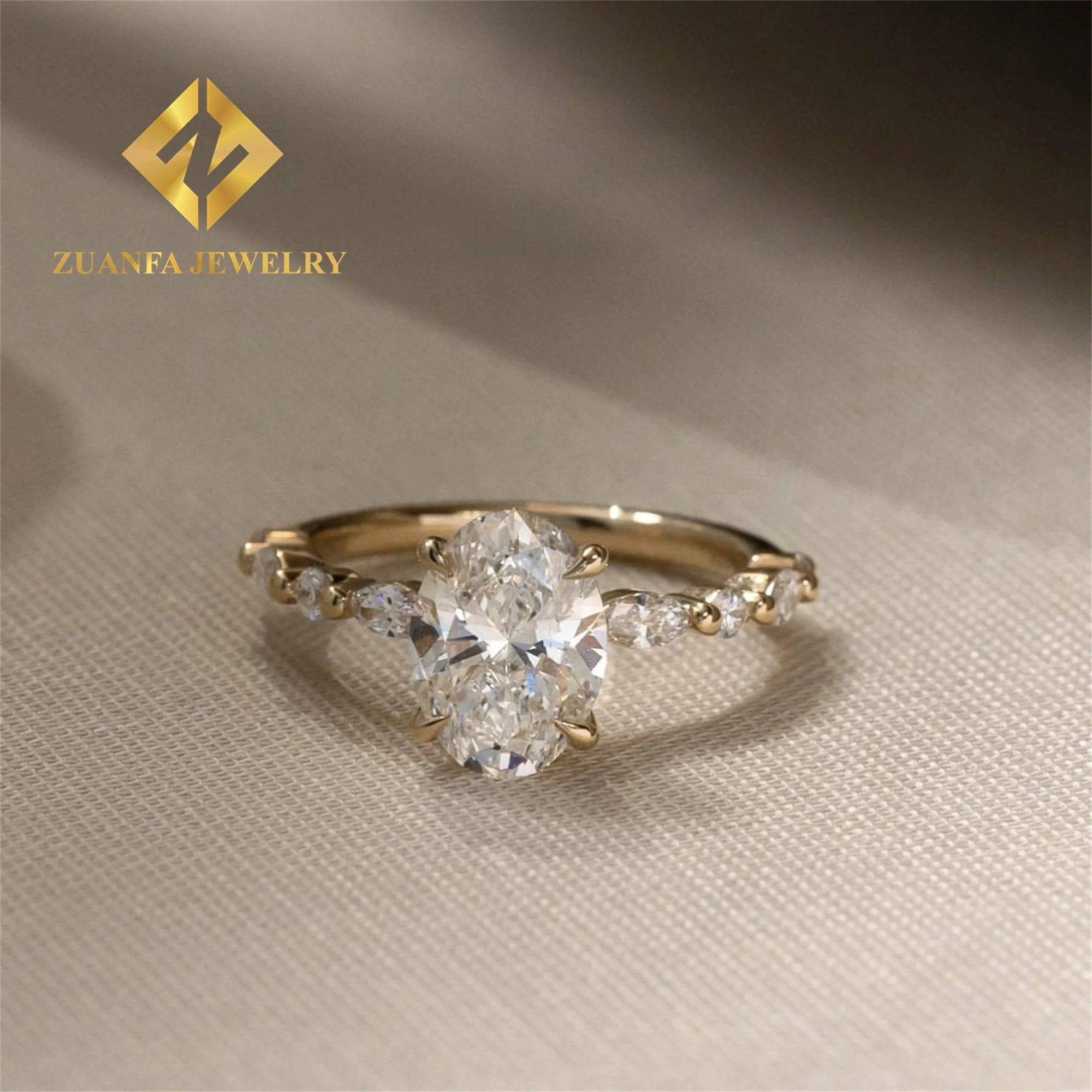 Luxury 14k Yellow Gold Boutique Bridal Wedding Jewelry Flawless Oval +Marquise Moissanite Diamond Engagement Wedding Band Ring