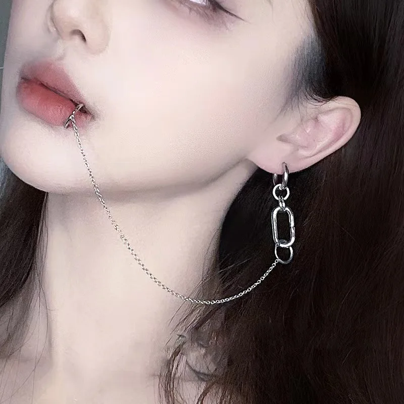Fake Piercing Lip Clip Earring Anime NANA Okazaki Shinichi Cosplay Punk Chain Linked Earrings Hinged Lip Ring Accessories