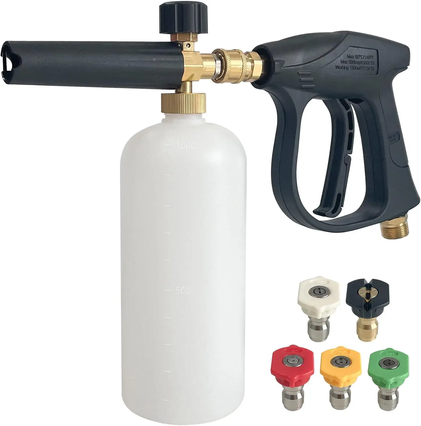 Snow Foam Spray Gun with 5 Pressure Washer Nozzles Adjustable Injector M22-14mm and 1/4 Inch Quick Couplings