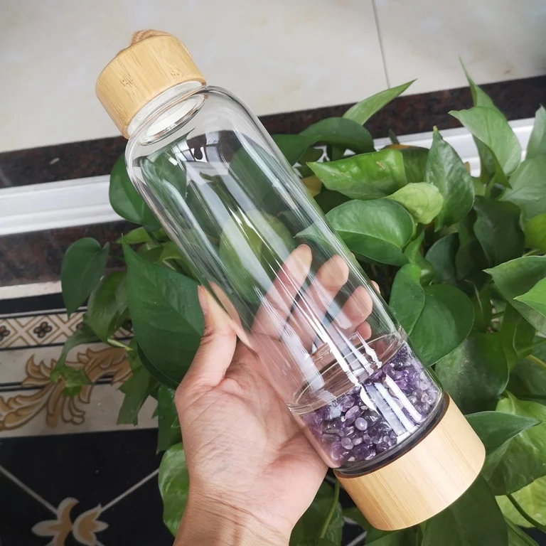 Wholesale Natural Crystal Energy Water Bottle Infused Gemstone Glass Bamboo Crystal Bottle