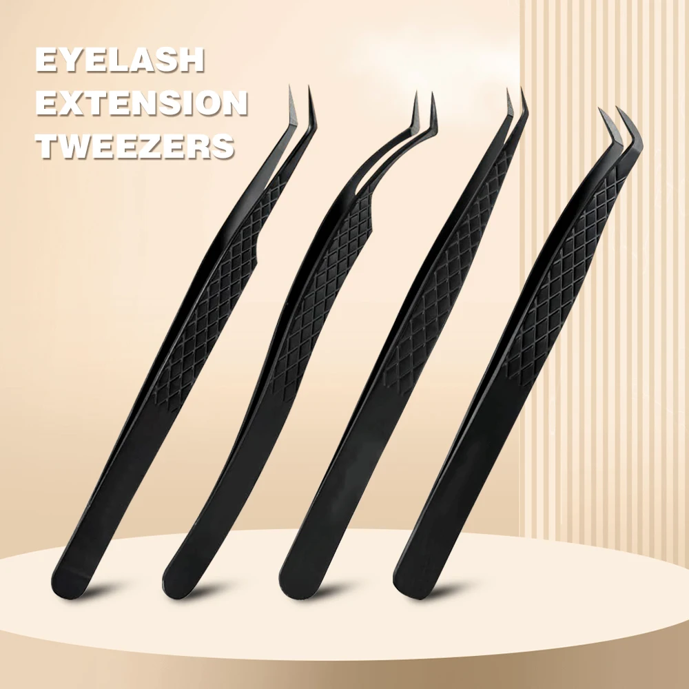 BlackLash Tweezers for Eyelash Extensions, Diamond Grip 90 Degree Fiber Tip Volume Lash Extension Tweezers,Black