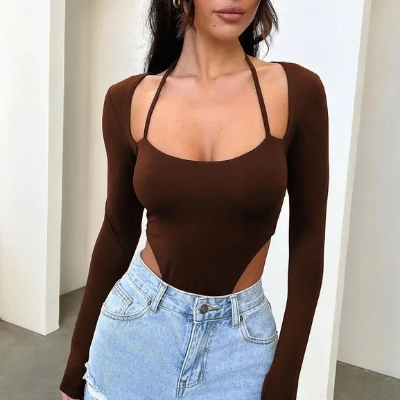 Sexy Long Sleeves Halter Skinny Blank Bodysuit  Bodysuit Costume Bodysuit Tops for Woman Romper Woman Jumpsuit