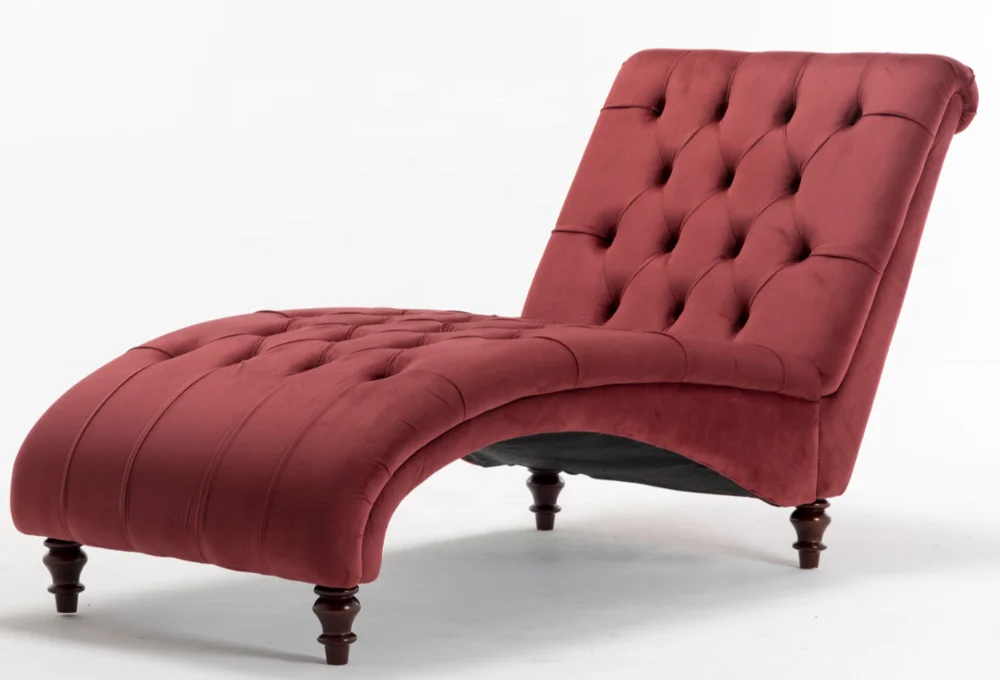 
Long chaise lounge velvet fabric buttons design wooden legs home funiture 