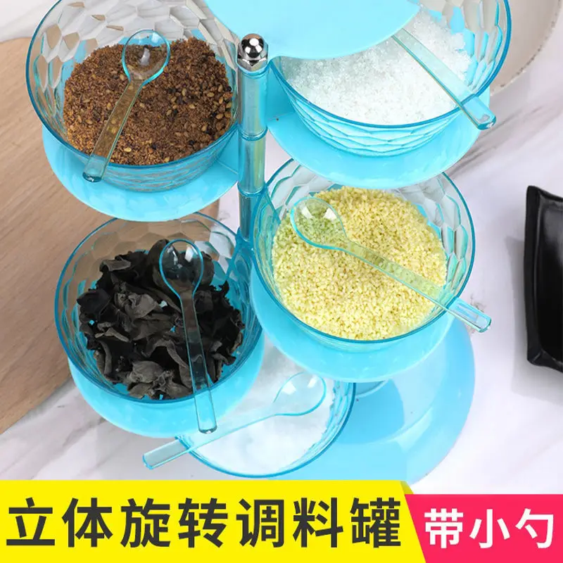 Hot Product Kitchen Accessories Seasoning Jar With Spoon 5 Layers Plastic Condiment Storage Jar Rotating Seasoning Box