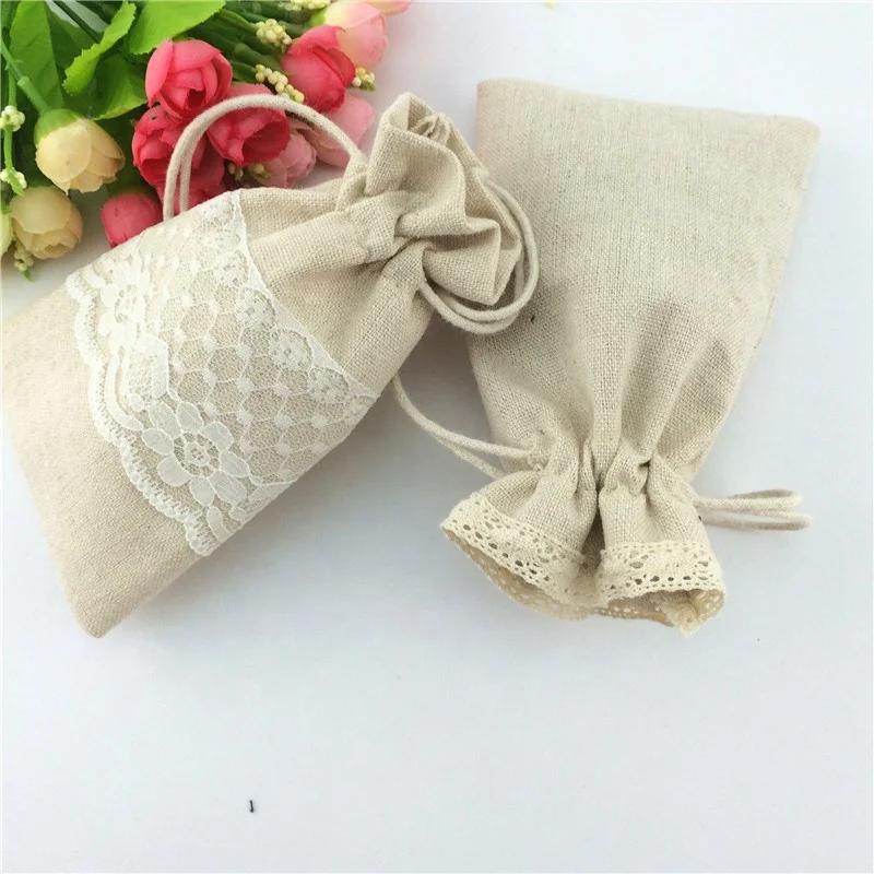 Jute pouch with lace,wedding party favor jute gift pouch,custom burlap lace drawstring bag