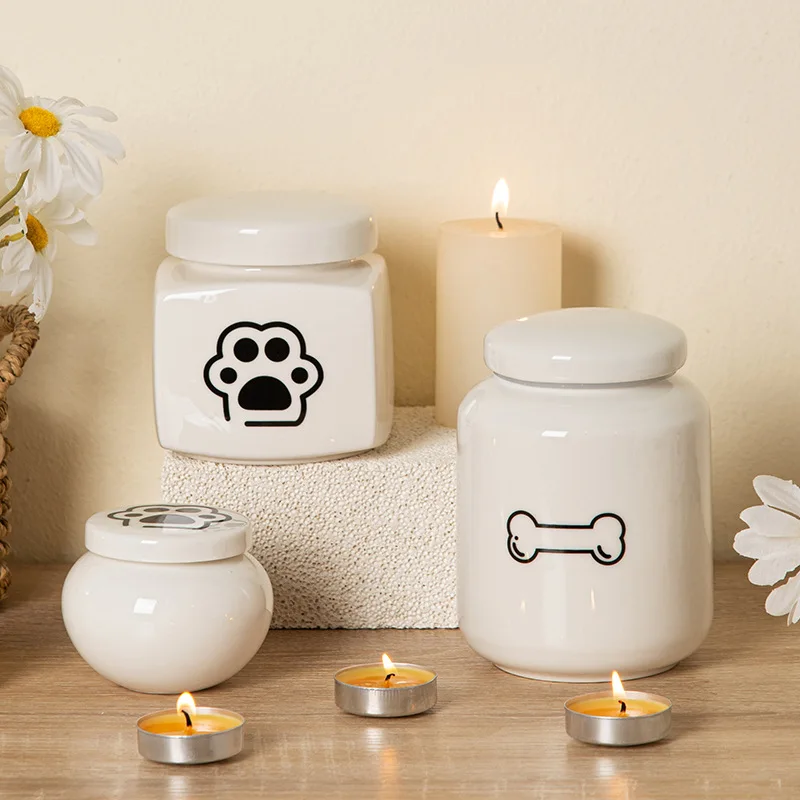 wholesale Cute Paw Keepsake Memorial Pottery Dog Cat Caskets Ceramic Pet Cremation Ashes Box Urn Jar For Small Animals
