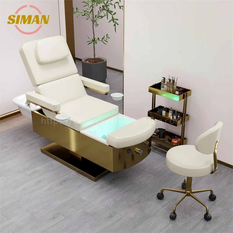 Siman Lay Down Washing Salon Shampoo Bed Backrest and Legs Electric Lifting with Colorful Lights and Surf Pump Foot Therapy