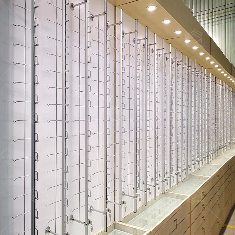 Wooden Eyeglasses store wall mounted display interior design for optical shop fancy optical shop design layout