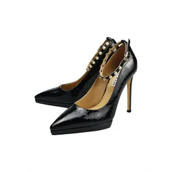 Women Pearl Buckle Genuine Leather Stiletto Heels Black Sheepskin Insole Embossed Patent Cow Leather Fabric Pointed Toe Pumps