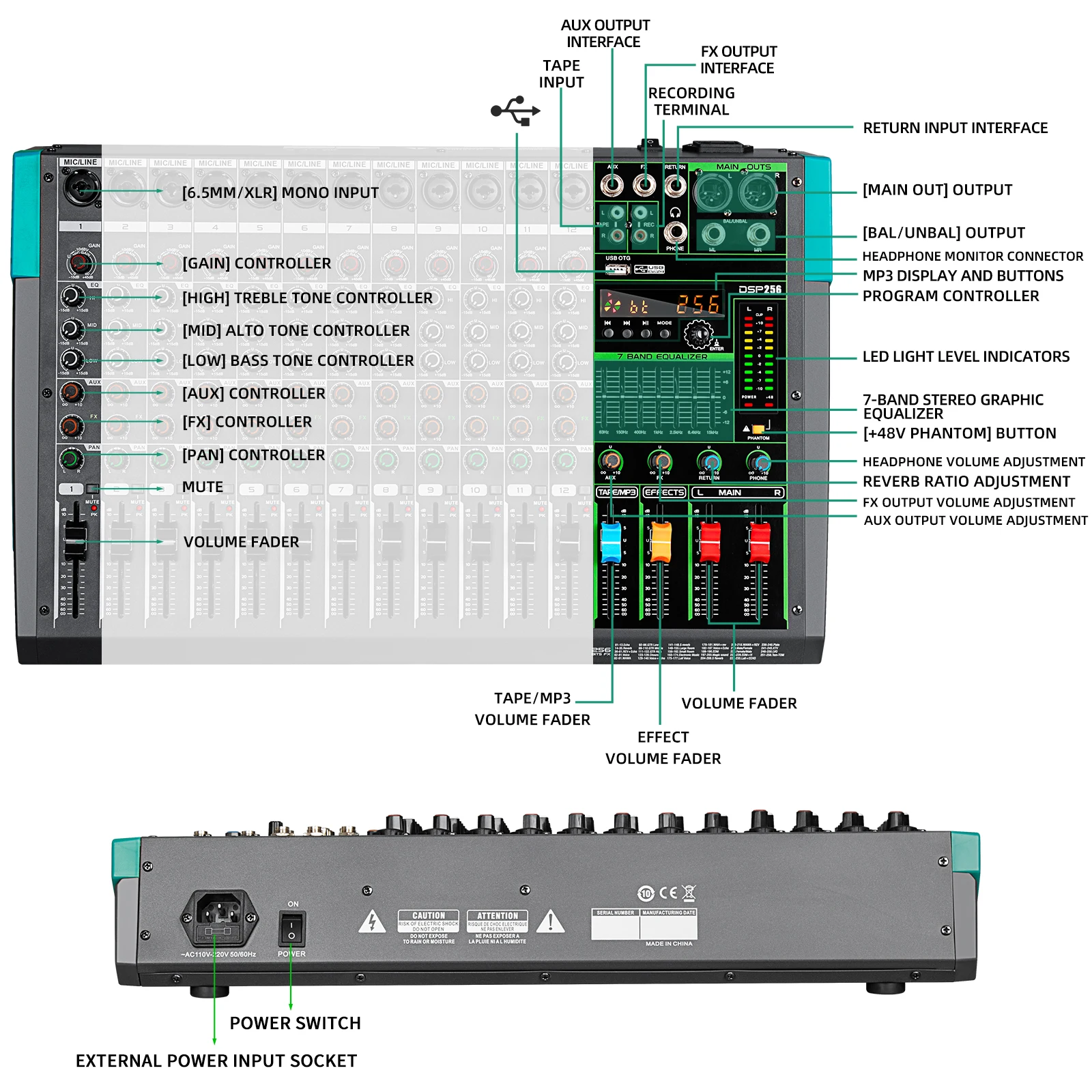 Biner MG12 Горячая 12 каналов профессиональный аудио микшер консоль для USB Connection studio