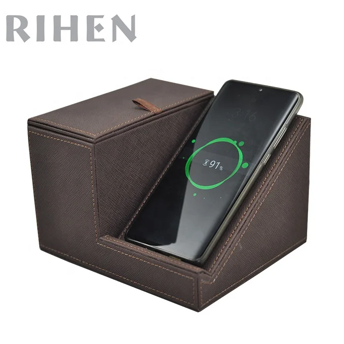 
Desk Holder PU Leather Desktop Organizer with 10W Wireless Charger Tissue box for coffee shop BAR 