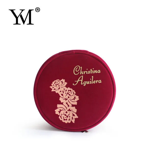 Round shape beauty cosmetic case bag red small convenient carry velvet cosmetic make up bag