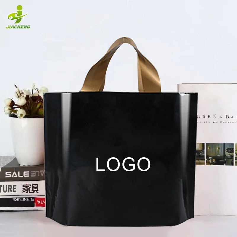 Custom printed logo recyclable retail reusable black plastic poly tote carrier shopping bags with soft loop handles