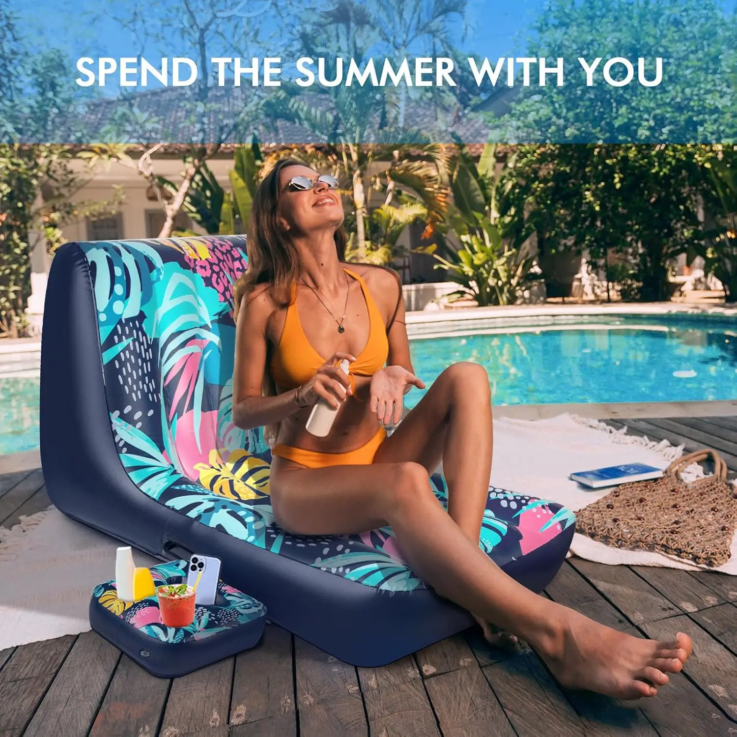 Pool Float Lounger, Inflatable Floating Chair with Cupholder Caddy, Heavy Duty Floaties Toys Adult Size for Pool, River