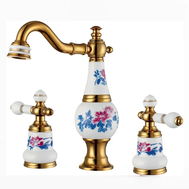 New Arrival Gold Brass Ceramic Bathroom Sink Faucet 3 Hole Widespread Basin Mixer Double Handle Hot And Cold Water Tap