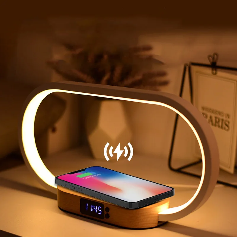 Hot Sale Bedside Lamp Touch Dimmable LED Night Light Wooden Table Light With Wireless Charger and Clock