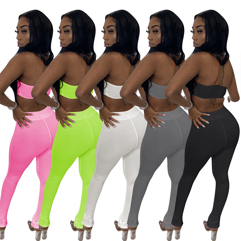 
Hot Sale Sexy Navel Summer Club Solid Color Boutique Elegant Women Casual Two Piece Pants Set Women Clothing 