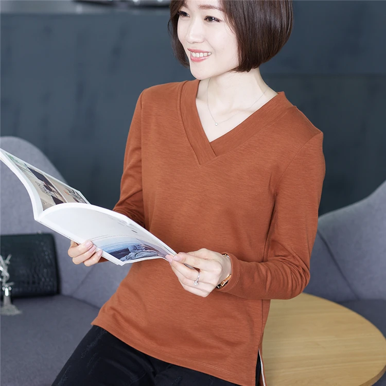 
Modern Design Fashion Casual Long T-Shirts With Printing Long Sleeve T Shirt Cotton V-Neck Women T Shirt 