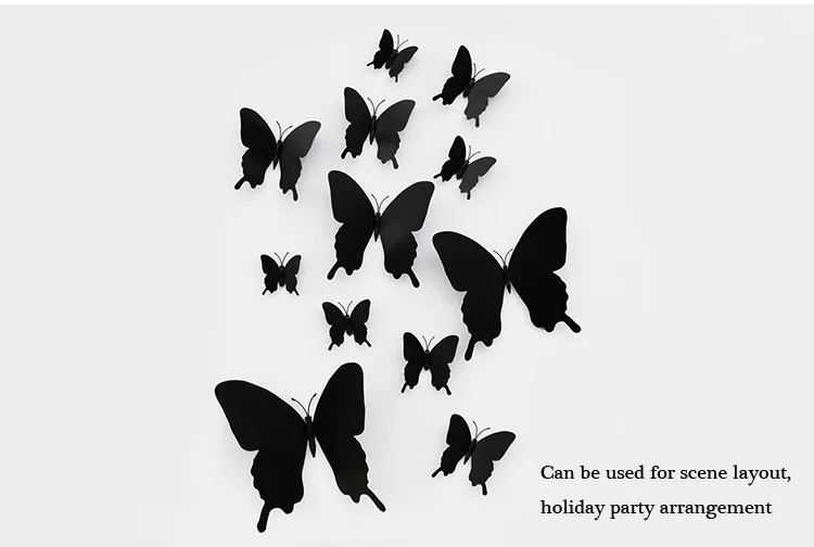 12Pcs/set 3D Black Pteris Butterfly Wall Sticker Living Room Home Ornament Clip Butterflies Pin Magnet Fridge Stickers