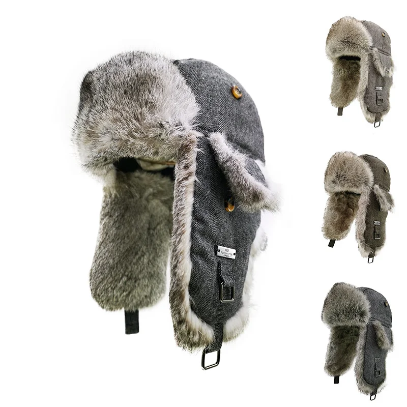 Hot Sale Herringbone Tweed Custom Waterproof Cloth Real Rabbit Fur Gray Aviator Hat