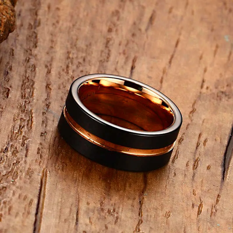 
Mens Tungsten Black Brushed Tungsten Carbide Ring Rose Gold-color Inlay Groove Flat Cut Edge Men Wedding Rings Male Jewelry 