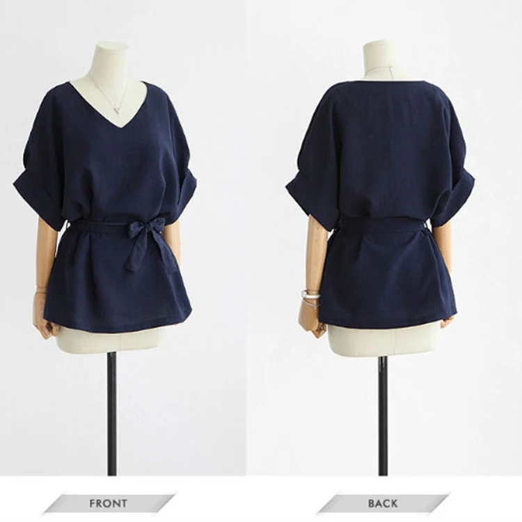 Summer Women Blouses Linen Tunic Shirt V Neck Big Bow Batwing Tie Loose Ladies Blouse Female Tops