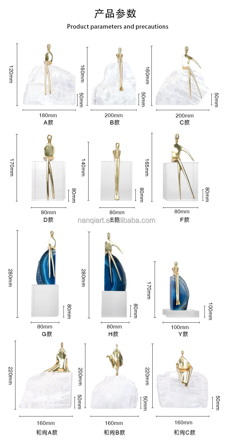 High Quality Handmade Crystal Artificial Copper Figure Abstract Art Statues Creative Home Decor Ornament With Natural Stone Base