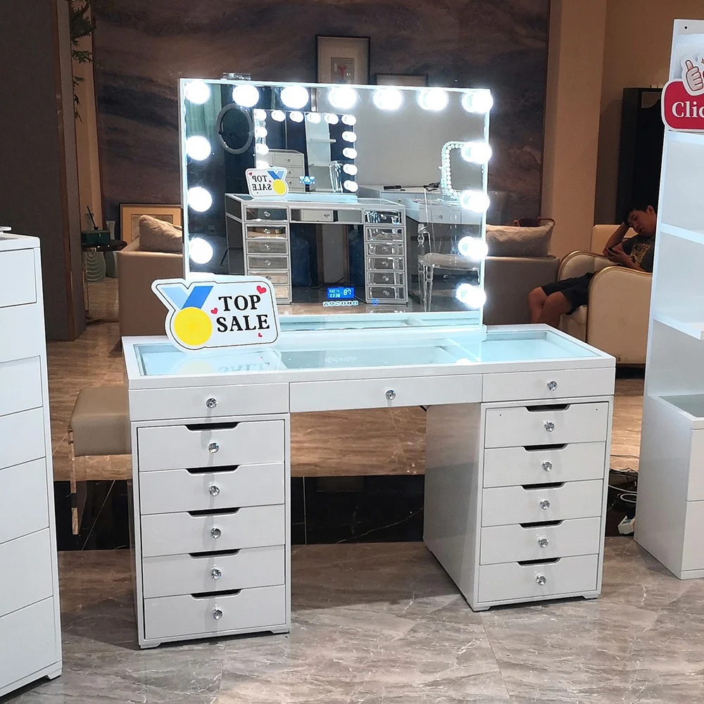 Stock in US! Docarelife Luxurious 13 Drawers MDF Wood Modern Bedroom Vanity Dressing Table with Hollywood Mirror