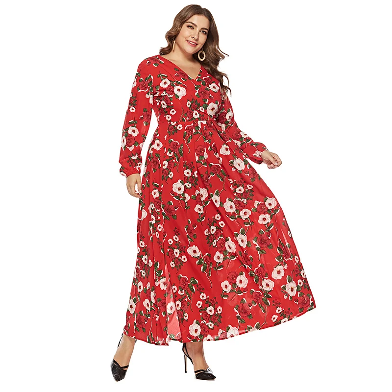 newest design autumn long sleeve printed chiffon plus size women dress