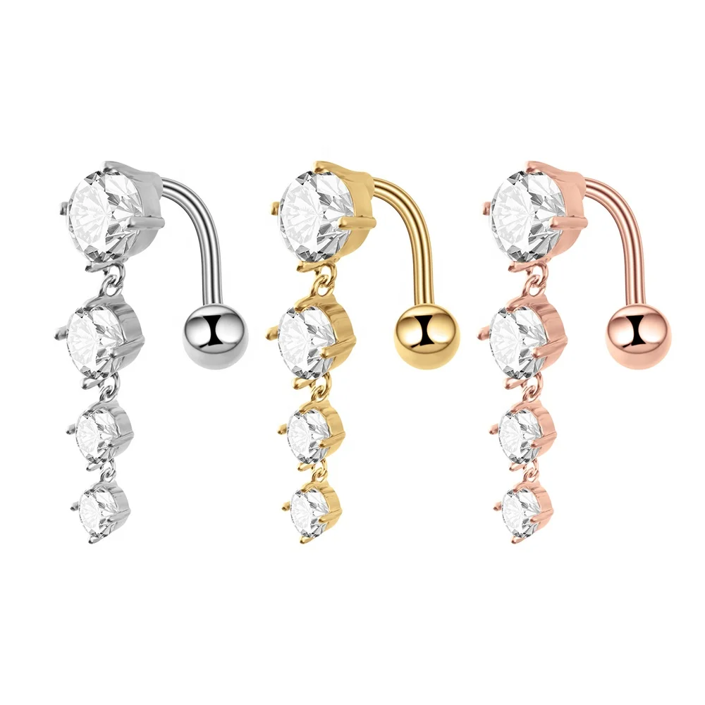 Stainless Steel Curved Barbell Zircon Navel Rings Upturned Dangling Belly Piercing Belly Button Ring