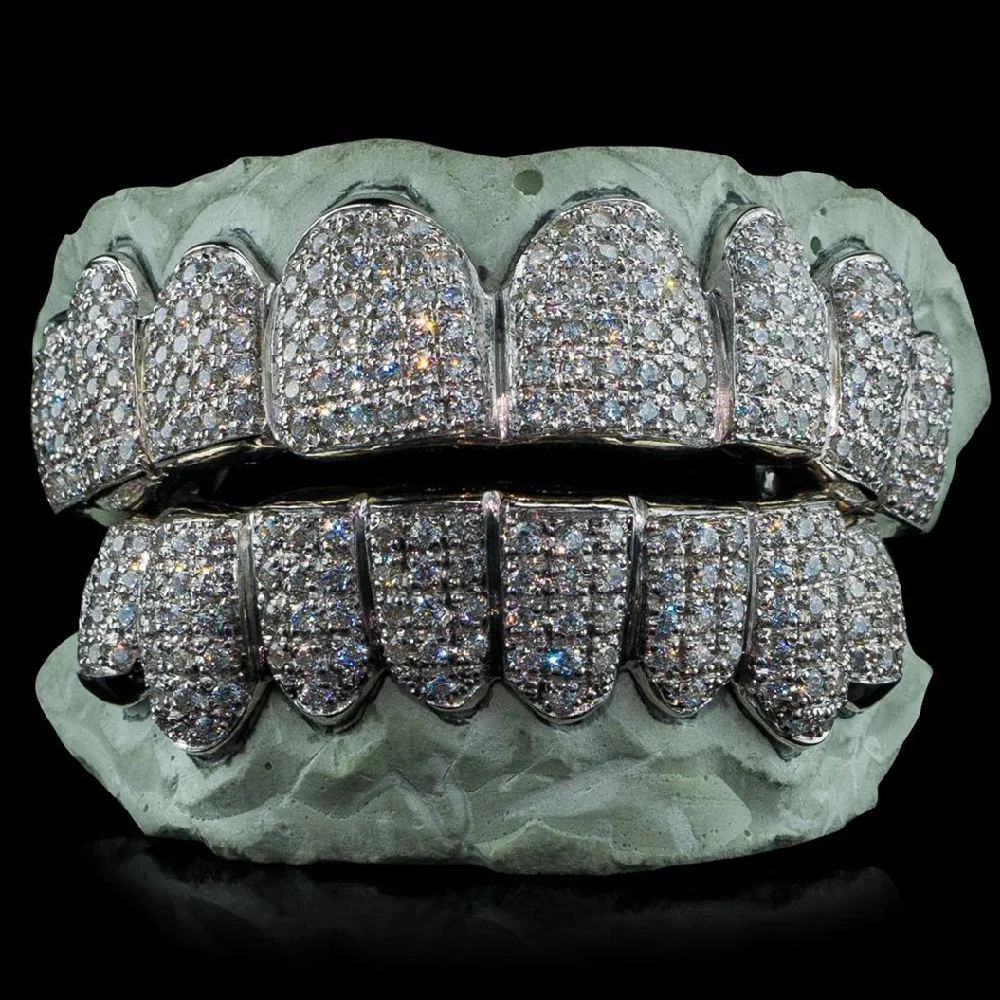 Hip Hop Custom Teeth Moissanite Silver Grillz 10 Top 10 Bottom Iced out vvs Diamond Moissanite Grillz