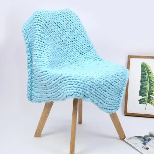 Wholesale Custom Eco-friendly Blue Coarse Thread Woven Chunky Wool Knit Blanket Throw