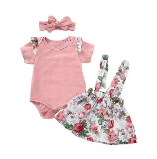 2022 high quality fashion flower summer baby girl clothing baby suspender set headband dress