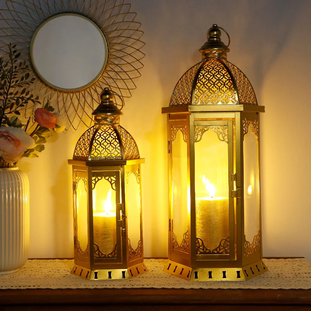 Set Of 2 Moroccan Gold Metal Candle Lantern Hanging Portable Glass Lantern For Indoor Home Holiday Decor