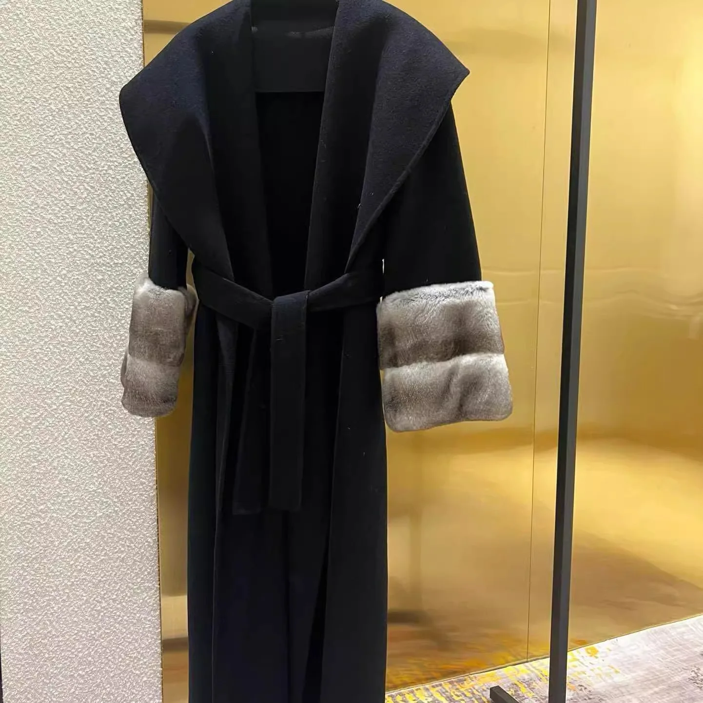 New high-grade luxury coat wool fox fur coat waist-tight double sided cotton woolen coat