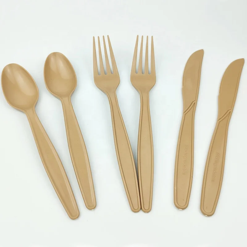 Bamboo biodegradable material non plastic cutlery brown knife,fork and spoon disposable biodegradable cutlery set