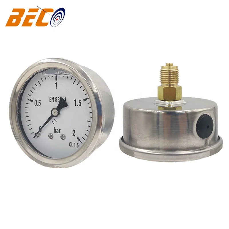 BECO Stainless steel manometer glycerin filled pressure gauge, bottom or rear back port brass fitting pressure gauge
